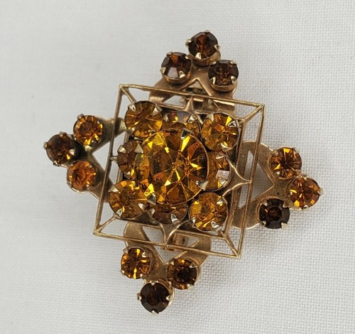 Vintage Cross Brooch Gold Tone Amber Rhinestones Pin Prong Set - Picture 9 of 12