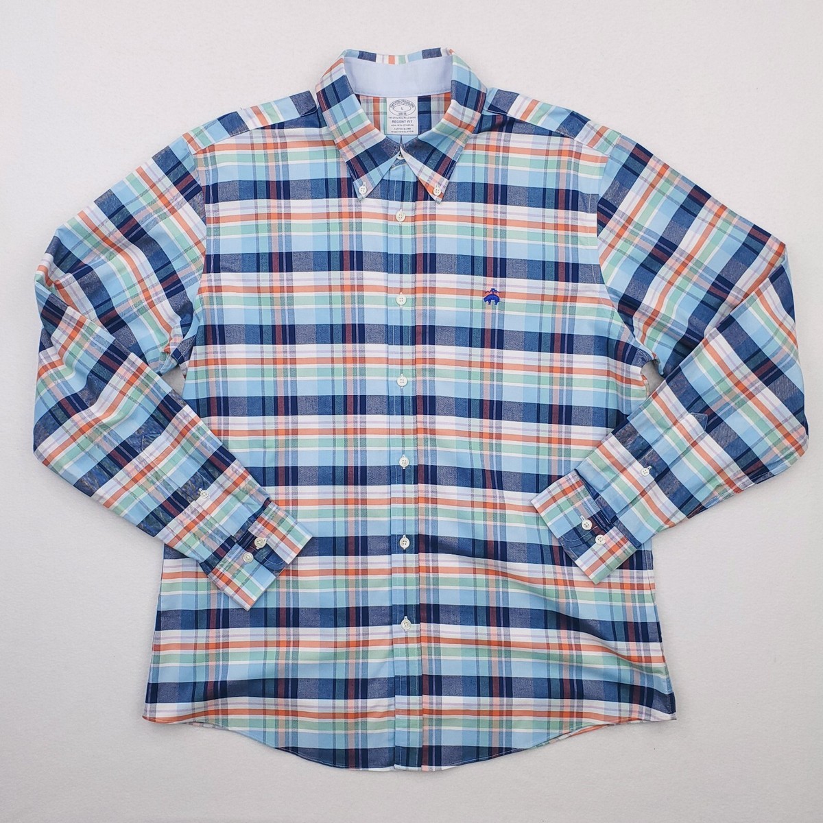 Brooks Brothers Shirt Men Large Blue Plaid Oxford Cloth Button