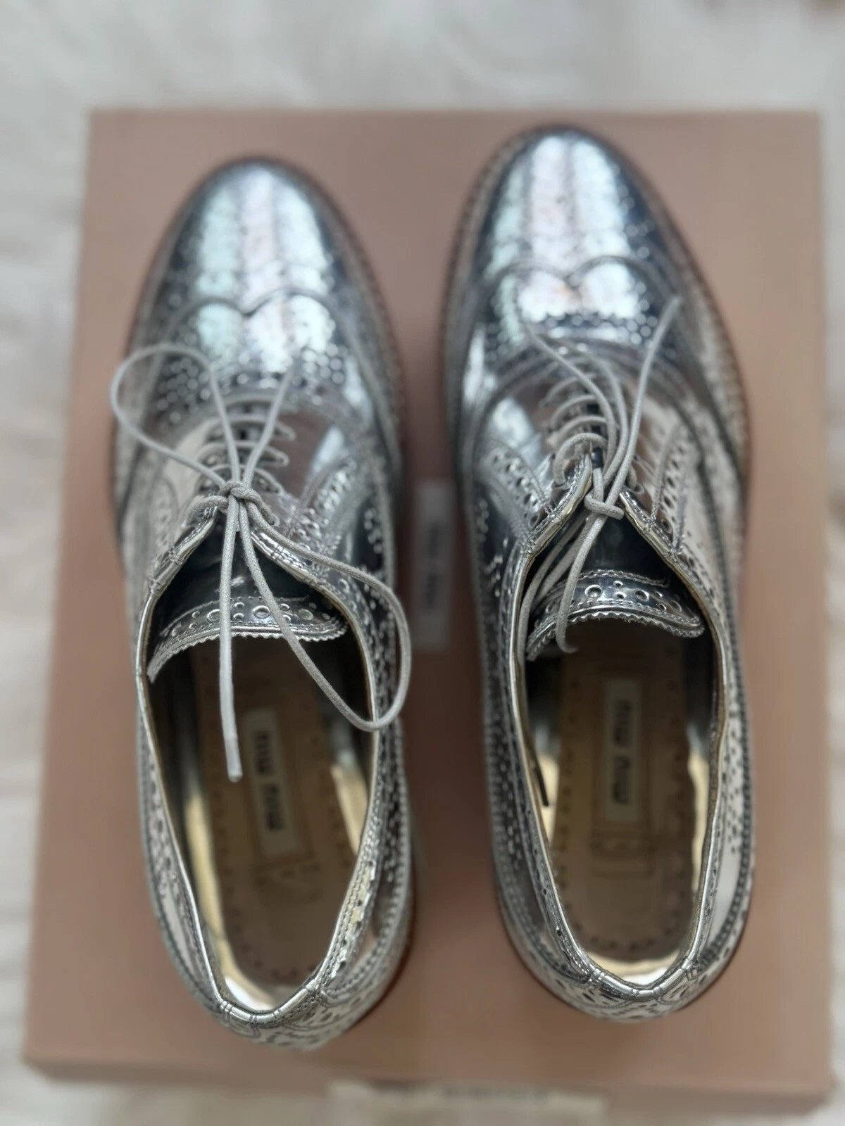 MIU MIU rare scarpe stringate argento pelle plateau 37 5
