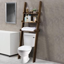 3-Tier Dark Brown Wood Over-The-Toilet Leaning Bathroom Storage Ladder Shelf
