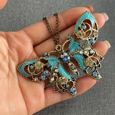Vintage Butterfly Necklace Jewelry Pendant Blue & Clear Gemstones Steampunk