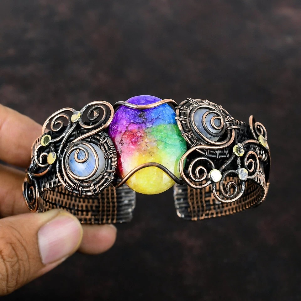 Brazalete ajustable envuelto en alambre de regalo madre cobre druzy cuarzo solar arco iris Foto 2 de 4