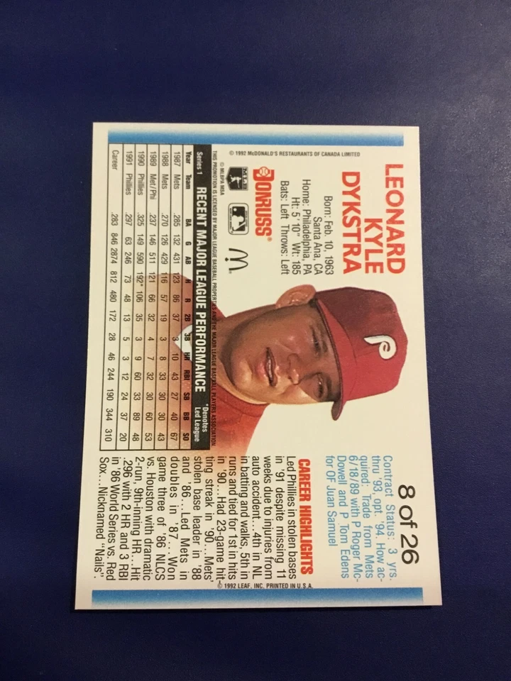 1992 Donruss # 8 LENNY DYKSTRA Phillies All Star Canada McDonalds RARE LOOK ! - Image 2 of 2