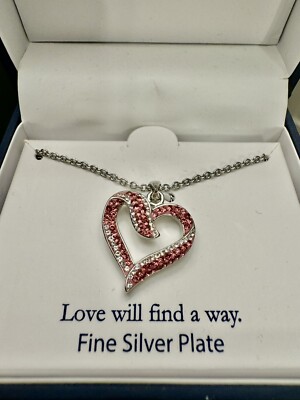 New - Pink Heart Crystal Silver ToneNecklace Belk Silverworks