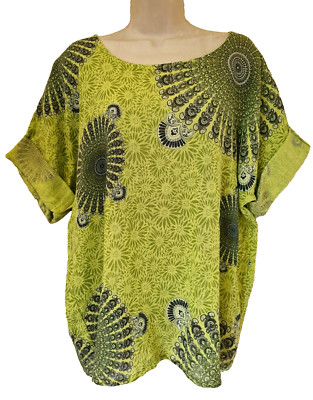 Italienisches Baumwolltop One Size UK 12-18 Mandala Blumen Kurzarm Lindgrün Neu