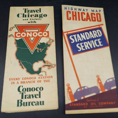 1939 CONOCO OIL/ 1940 Standard Service Gas Station Locator Road Maps Chicago, IL