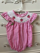 Pink gingham strawberry smocked baby girl outfit