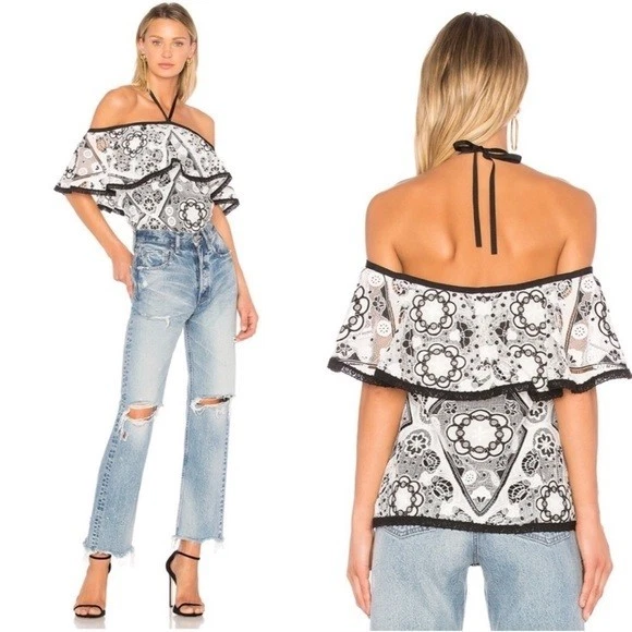 Alexis Top 'Isa' Black White Ruffle Off Shoulder Size L RRP $569 Lace Designer