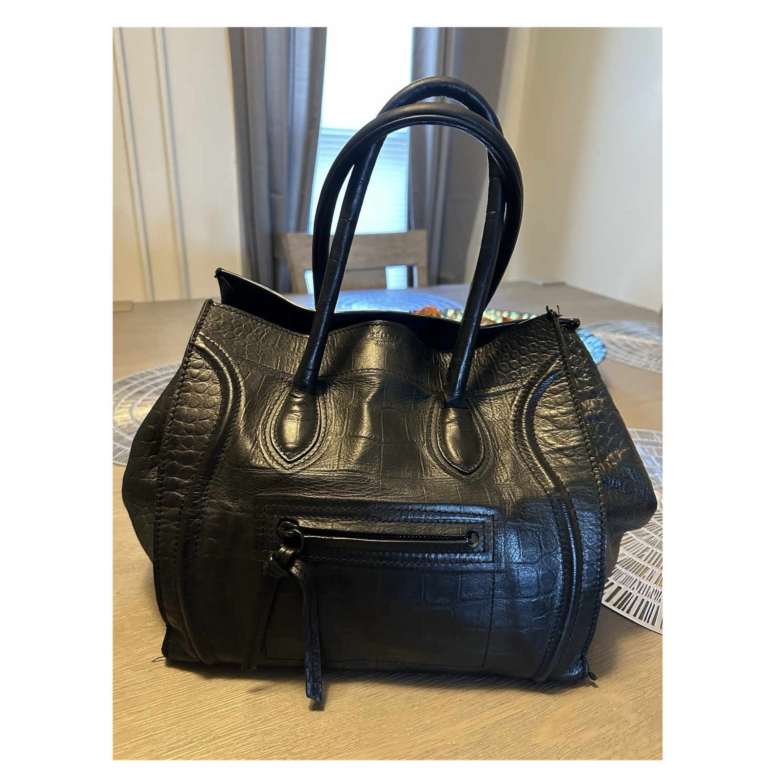 Large Black Crocodile Embossed Satchel Top Handle Zip Charm
