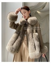 Real Fox fur Coat Gray Brown Leather With Inner Down Lining New