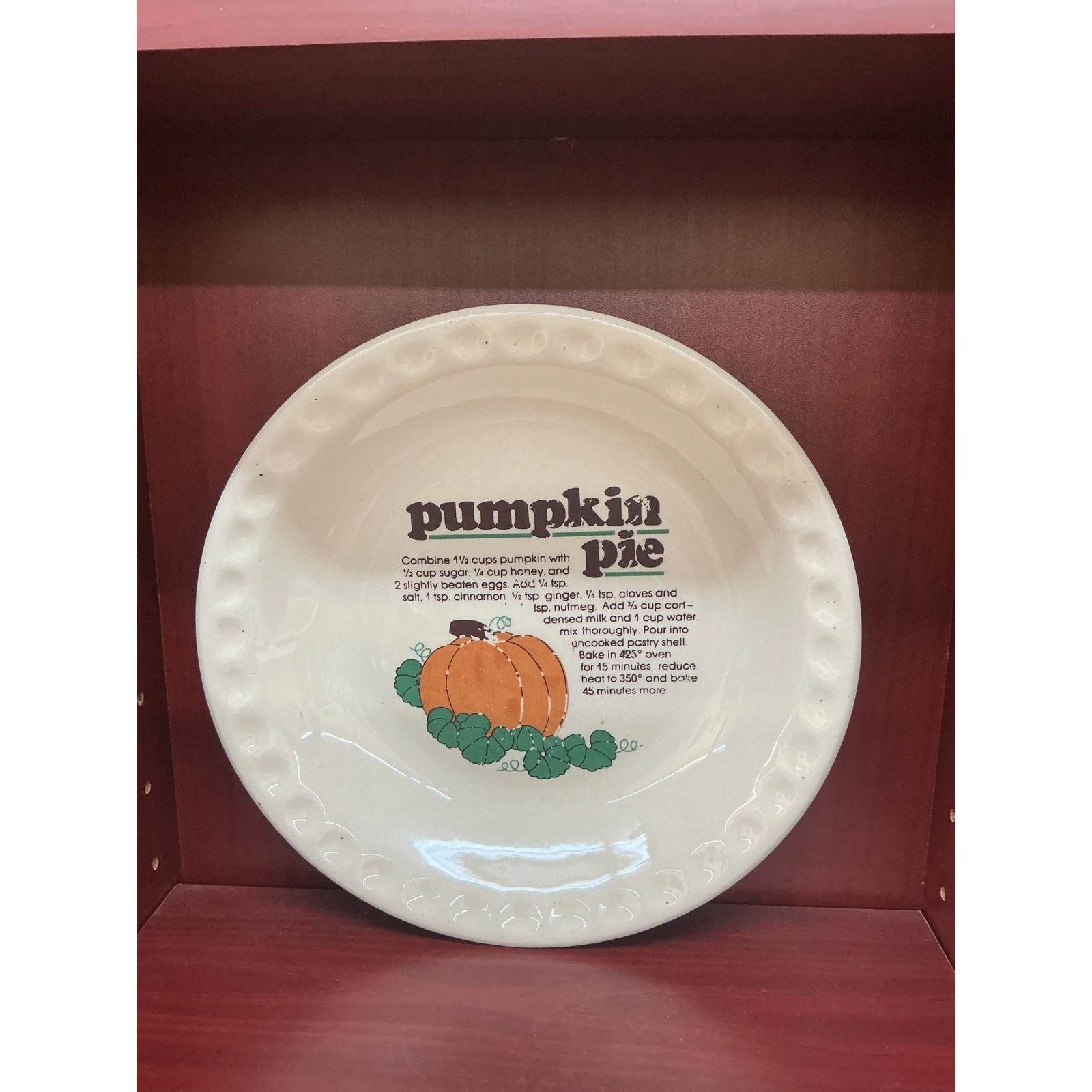 Vintage Pumpkin Pie Recipe Ceramic Dish Scalloped Edge 10.5 Inch Thanksgiving
