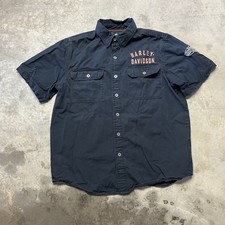 VIntage Harley Davidson Button Up Shirt Mens L Black Garage Mechanic Y2k Patches