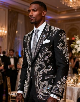 High End Rhinestone Crystals Men Suits Customized 3 Pieces Sets Groom Tuxedos