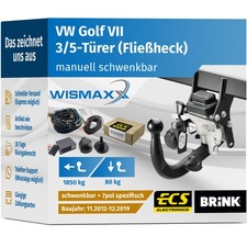 ANHÄNGERKUPPLUNG für VW Golf VII 12-19 schwenkbar BRINK +7pol E-Satz ECS