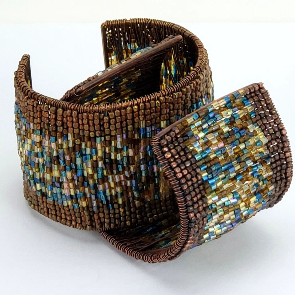 Conjunto de Pulsera Boho De Colección Puño Ancho Cuentas Azul Dorado Marrón Abierto Flexible Tonos Tierra Foto 2 de 4