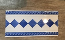 Pack of 5 Decorative Ceramic Border Tiles - Blue & White Diamond Rope Edge 