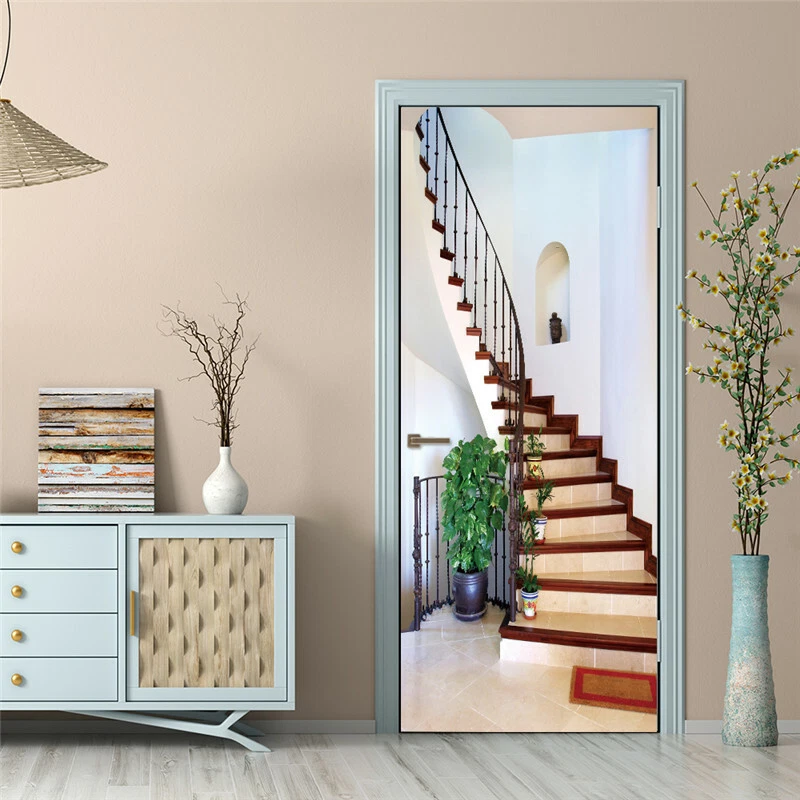 Pegatinas de pared autoadhesivas para puertas mural puerta escaleras de madera 3D calcomanías papel tapiz Foto 2 de 4
