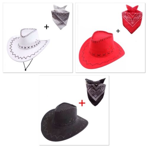 Adult Cowboy Set Cowboy Hat And Bandana For Fancy Dress Black /White / Red - Picture 1 of 4