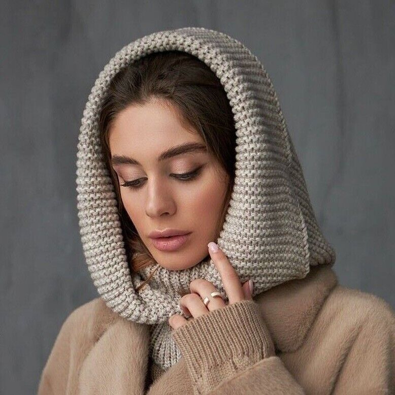 Beige Hooded Scarf Knit Hoodie Scarves Womens Snood Hooded Beige Hooded Scarf Knit Hoodie Scarves Womens Snood Hooded