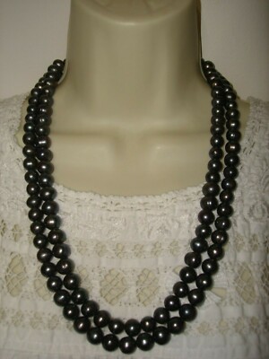 Vtg 2 Strand 9.5 /10mm Black Peacock Pearl 14K Gold Jade Clasp Necklace 22''/23.5