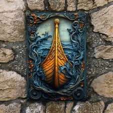 Viking Ship Metal Sign – Norse Wall Art, Nordic Boat Decor, Ocean Scene 8x12