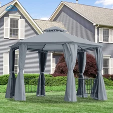 Spacious 13ft x 13ft Gray Patio Gazebo with Double-Roof Design Privacy Curtains