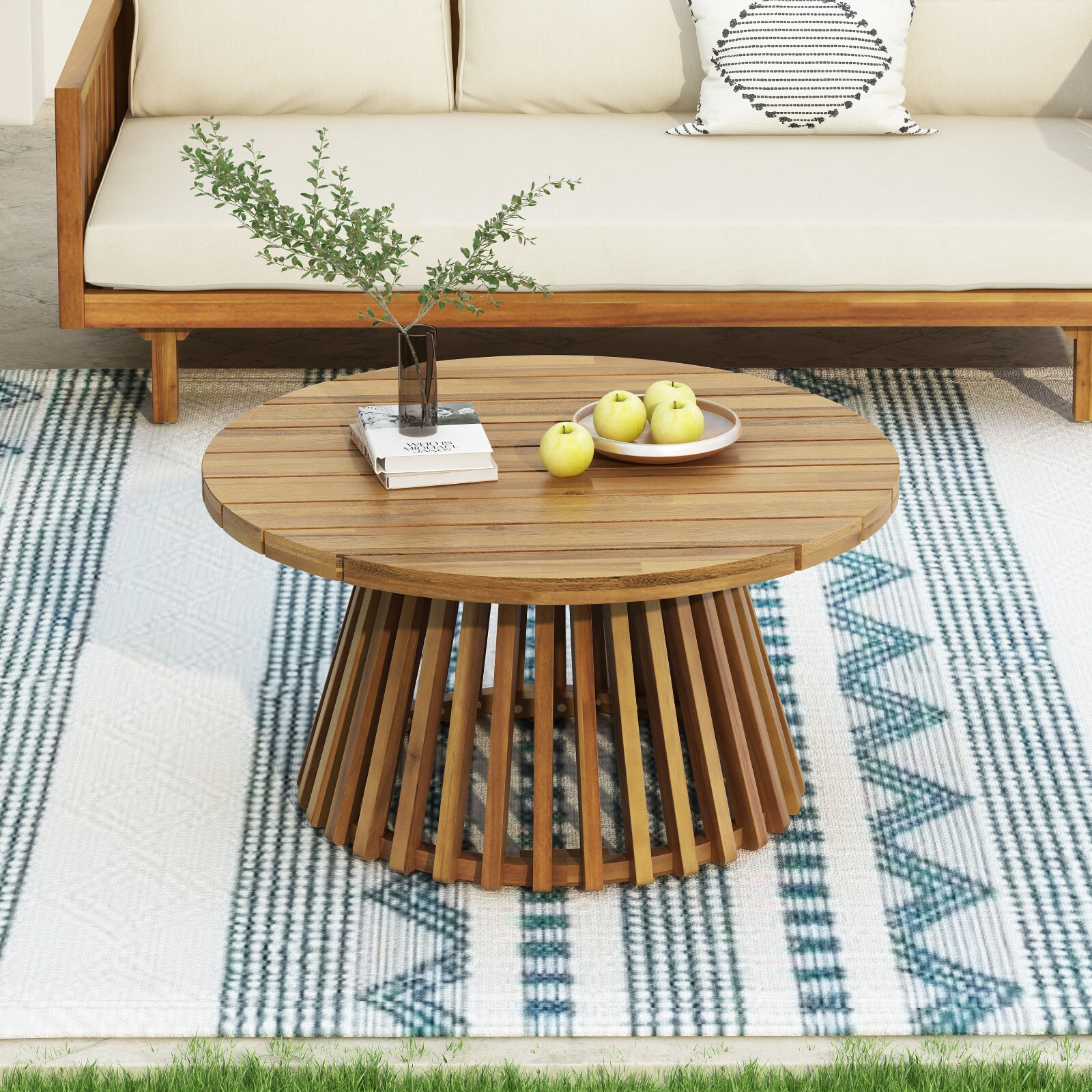 Round Acacia Wood Coffee Table Sturdy End Table Natural Teak