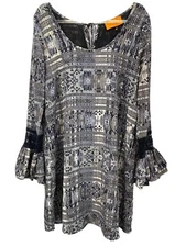Voom By Joy Han Grey Blue Black Bell Sleeve Crochet Women's Med Dress Lagenlook