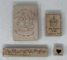 Misc Rubber Stamp Lot 4 Snowman Border Nativity Follow the Star Cupcake Heart
