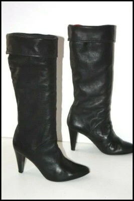1.2.3 Bottes à Talons Cuir Veau Noir Doublées Cuir T 39 TBE - Photo 1/4