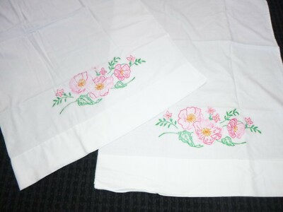 Pr Vtg Cotton Fancy Pillowcases Embroidered Pink Flowers 18x29
