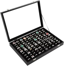 Black 100 Slots Ring Box Ring Organizer Tray Holder with Clear Lid Ring Display