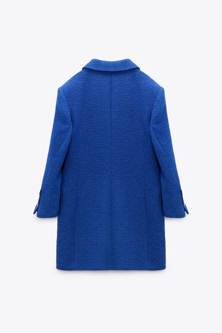 ZARA Blazer Dress Jacket Coat Textured Double Breast Blue Gold Buttons NEW image 4
