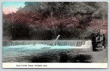 Delphi Indiana~Deer Creek Dam Close Up~Log Stuck~Men on Side & Top~c1910 PC