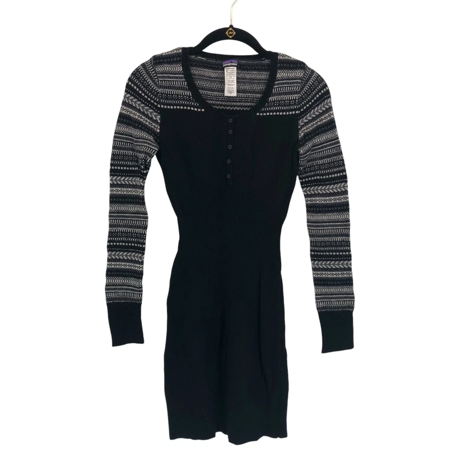 Patagonia Knit Sweater Dress XS Lambswool Wool Blend Fair Isle Black Rios Secret - Image 2 of 4