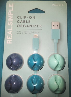 CLIP-ON CABLE Desk ORGANIZER PACK OF 6 REAL SIMPLE New  Teals/blues Electronics 