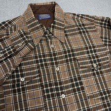Vintage Pendleton Virgin Wool Plaid Flannel Shirt Mens L Brown Tan USA Made READ