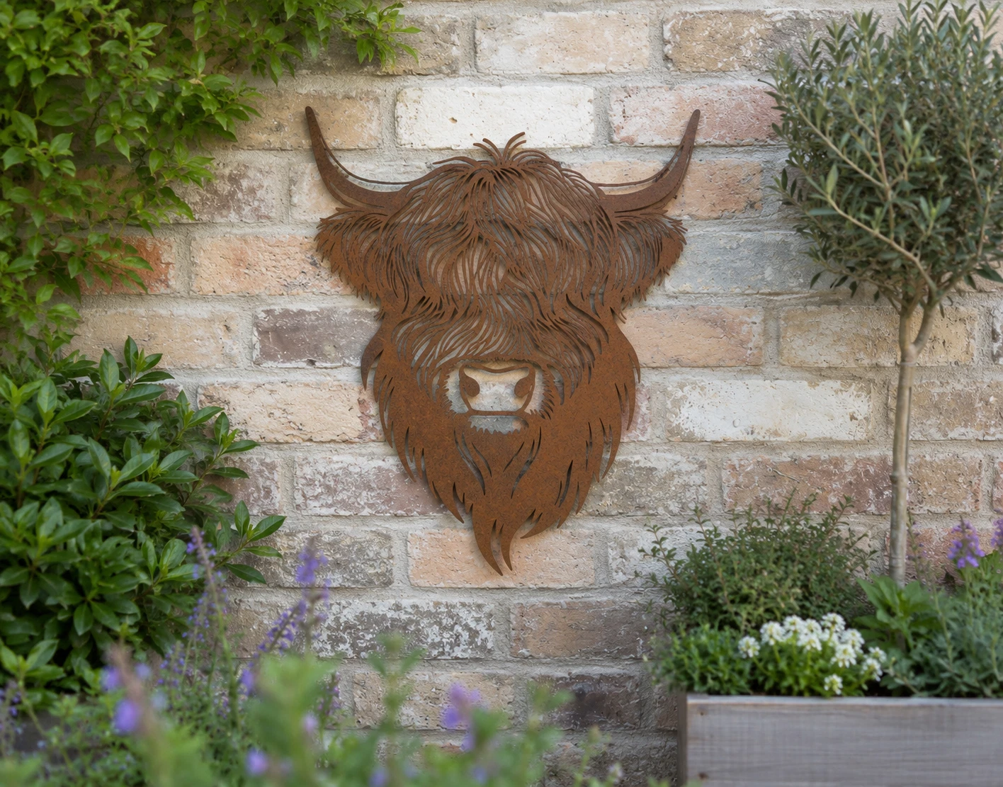 Rust Metal Highland Cow Wall Art Sculpture – Garden Wall Hanging – 55cm x 45cm