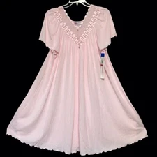Vintage Shadowline Pink Flutter Sleeve Short Nylon Nightgown Size 1X Lace NWT
