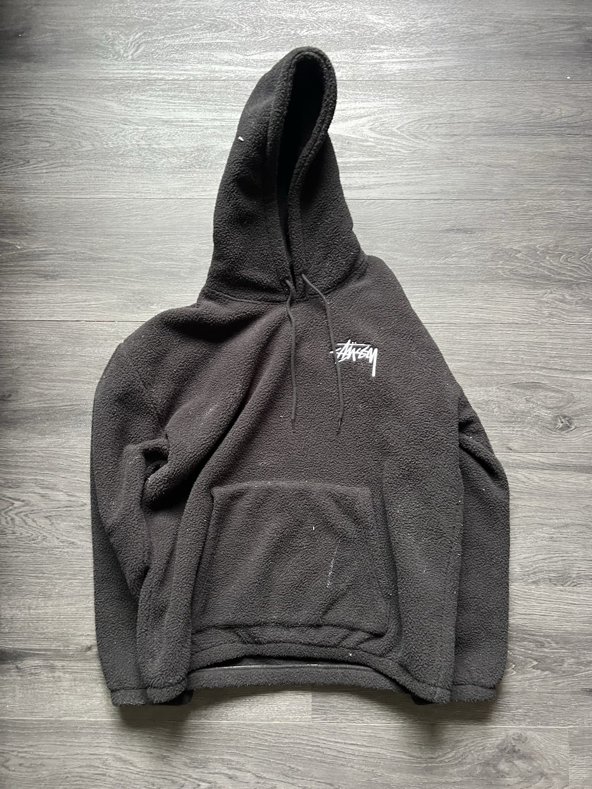 Stussy Black Fleece Pullover Hoodie Logo Drawstring Men's Long Sleeve Size L