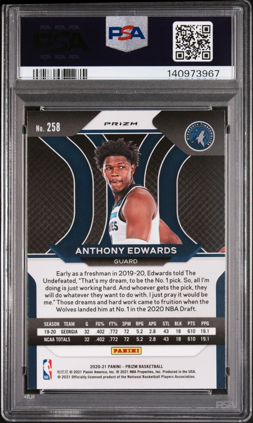 PSA 9 2020 Panini Prizm Anthony Edwards Blue Wave Rookie RC #258 view 2