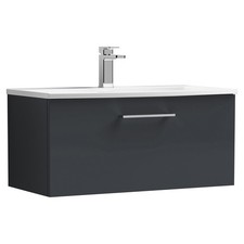 Image of Nuie Arno Satin Soft Black 800mm Wall Hung Single Drawer Vanity Unit and Curved