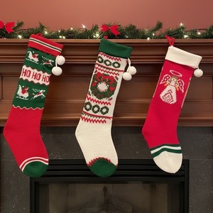 Vintage Sweater Knit Christmas Stockings Socks Pom Poms Lot of 3