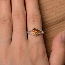 Citrine Women Dainty Ring Natural Gemstone Pave Band 925 Sterling Silver Ring