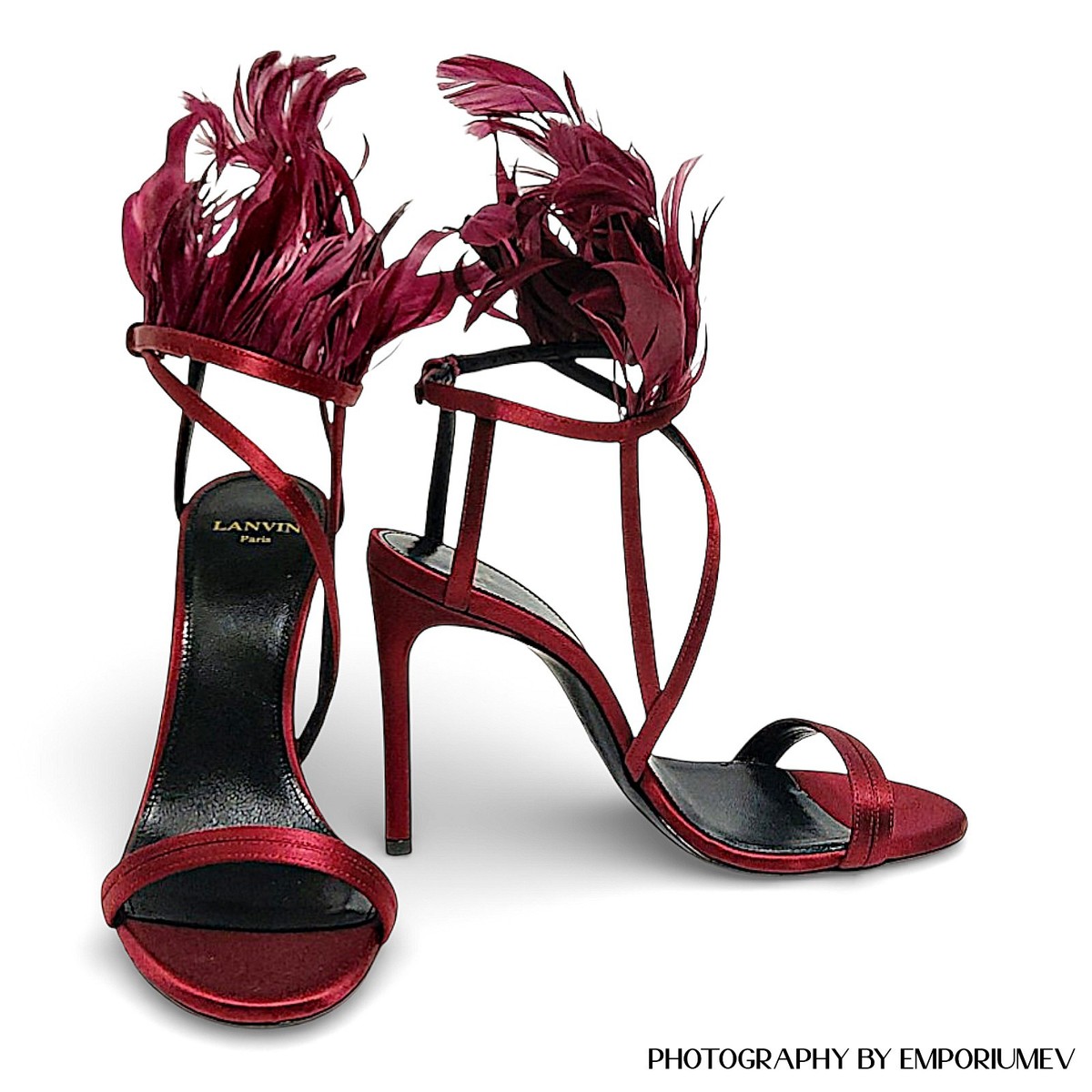 Lanvin Satin Feathers Sandals Heels Strappy Crimson Red  display picture 1
