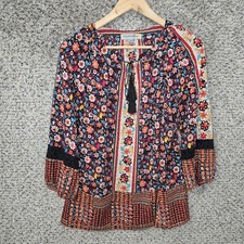 Figueroa  Flower Top Womens Medium Blue Floral Print Peasant Blouse Tassel