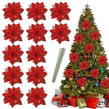 Christmas Glitter Artificial Poinsettia Flowers 12 PCS Red Tree Ornament Decor
