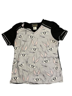 Looney Tunes Bugs Bunny Scrubs Top Small Grey Black V-Neck Nurse Uniform Care