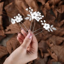 3 Pack Silver Wedding Flower Hair Pins, Bride Pearl Hair Clips, Leaf Headpiece