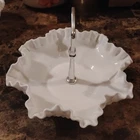 Vintage Fenton White Milk Glass Ruffled Edge Hobnail Silver Handled Candy Dish